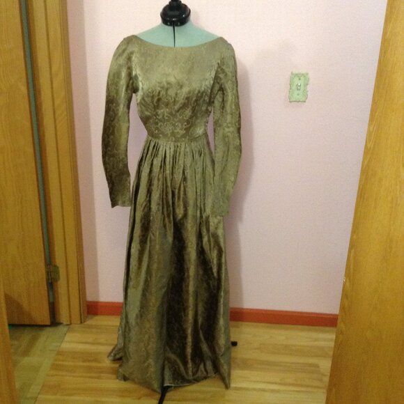 Vintage 1960s '60s Satin Damask Long-Sleeved Evening Gown - Picture 1 of 6